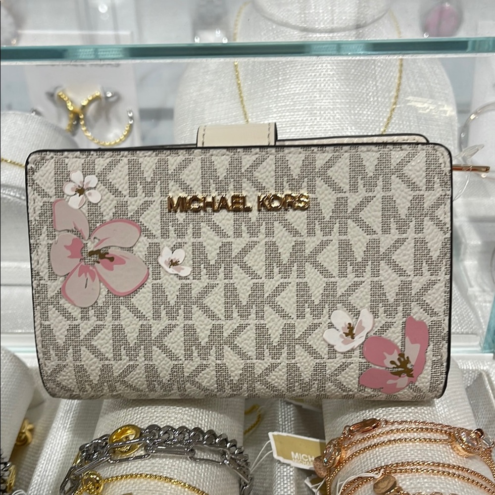 Michael Kors Jet Set Medium Floral Embellished Signature Logo Bi-fold Wallet NWT